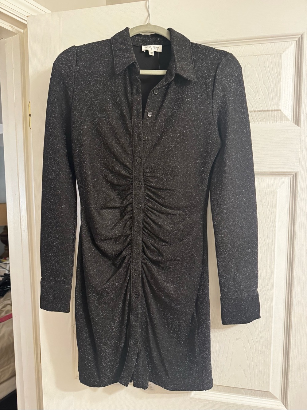 Black Sparkle Ruched Button-Front Women’s Dress